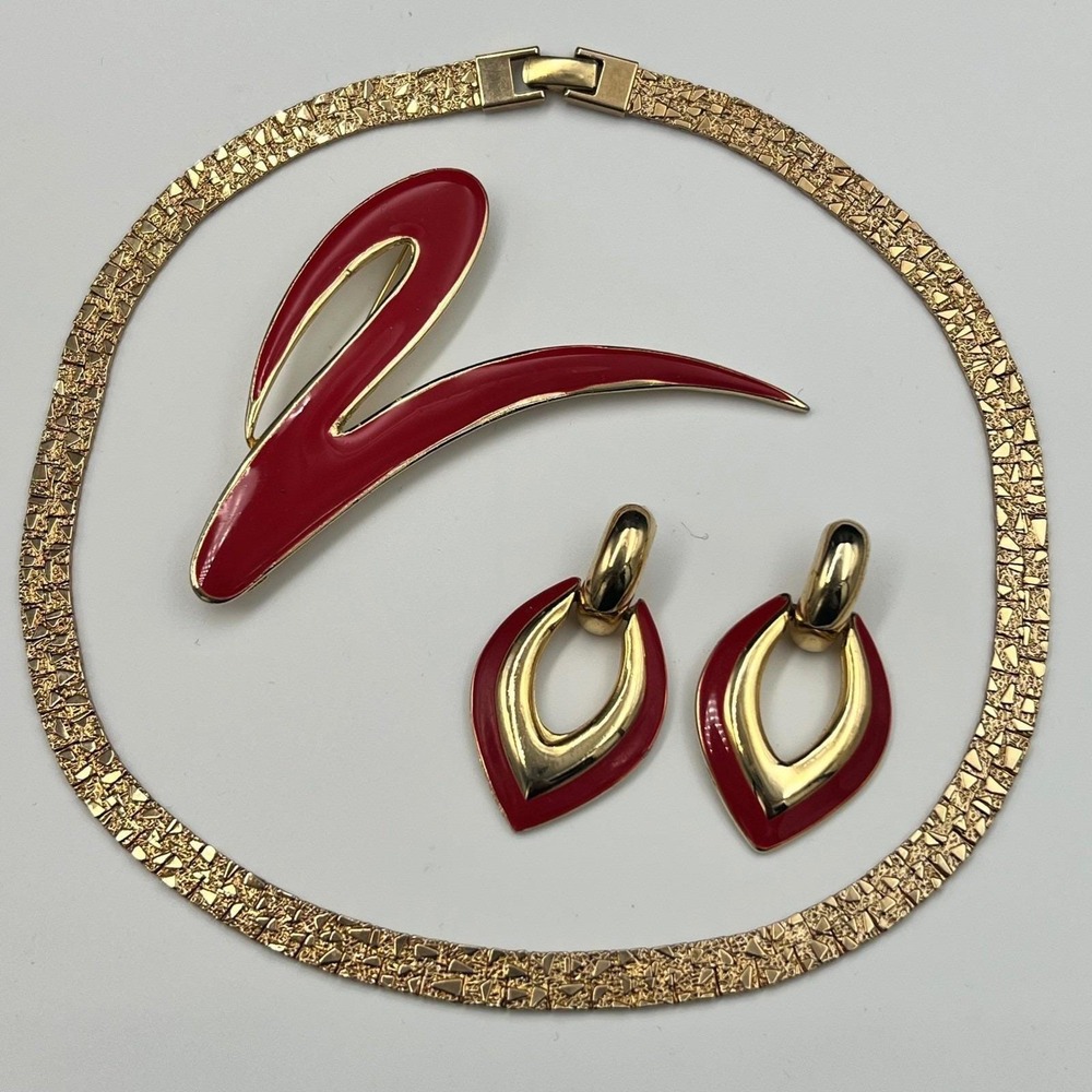 Vintage 80s Red Enamel Jewelry Set Gold Good